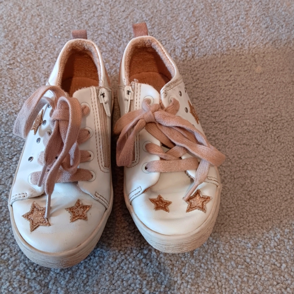 Toddler Sneakers with Sparkly Gold Stars - Laces + Zipper ( Size 9.5)